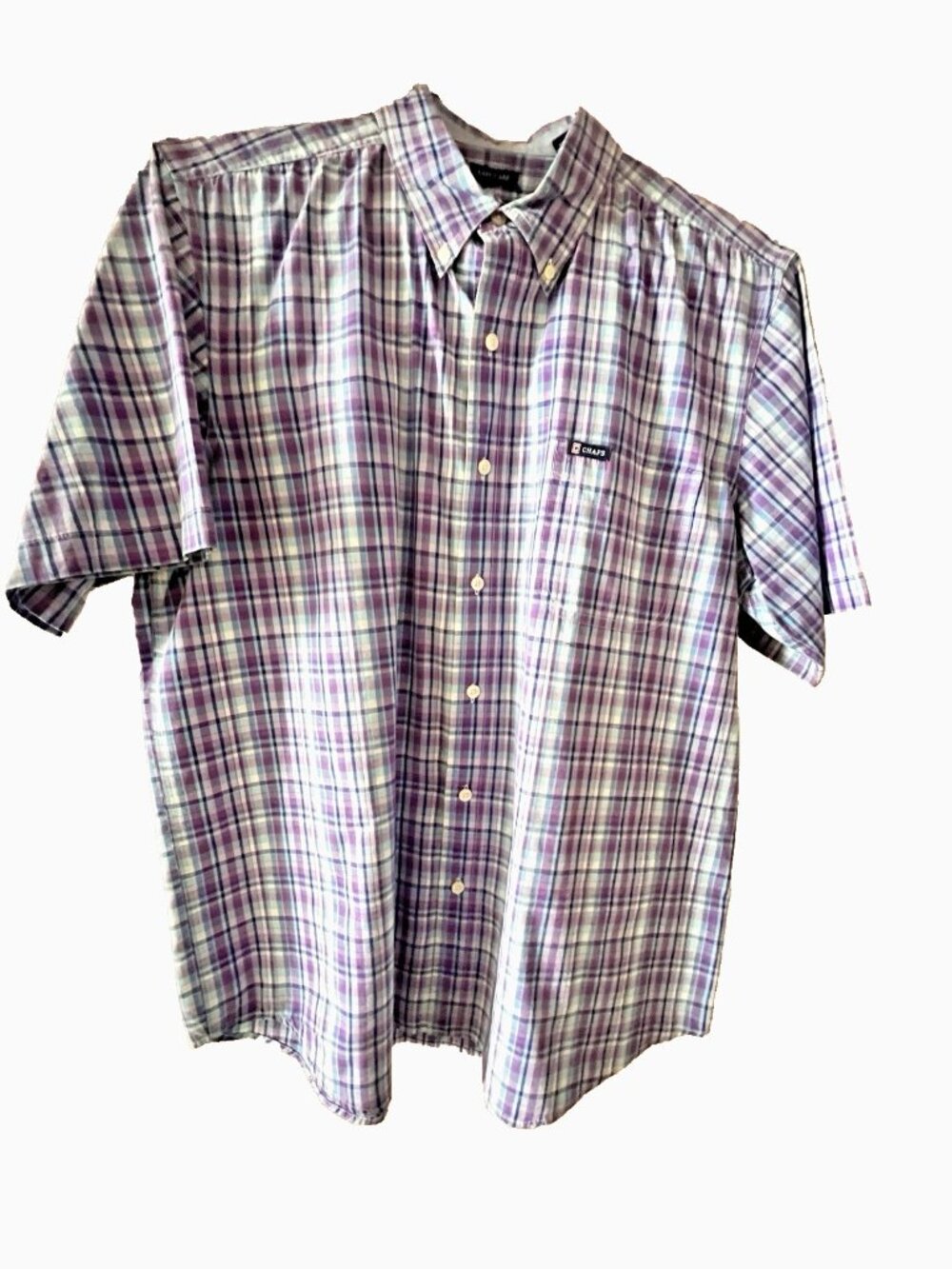 CHAPS Men's Size L Plaid Button Down Shirt Short Sleeve Ralph Lauren Purple Blue